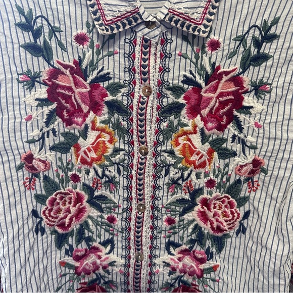 Johnny Was White Stripe Button-Down Shirt with Embroidery Arie Flute Sleeves - Picture 4 of 9